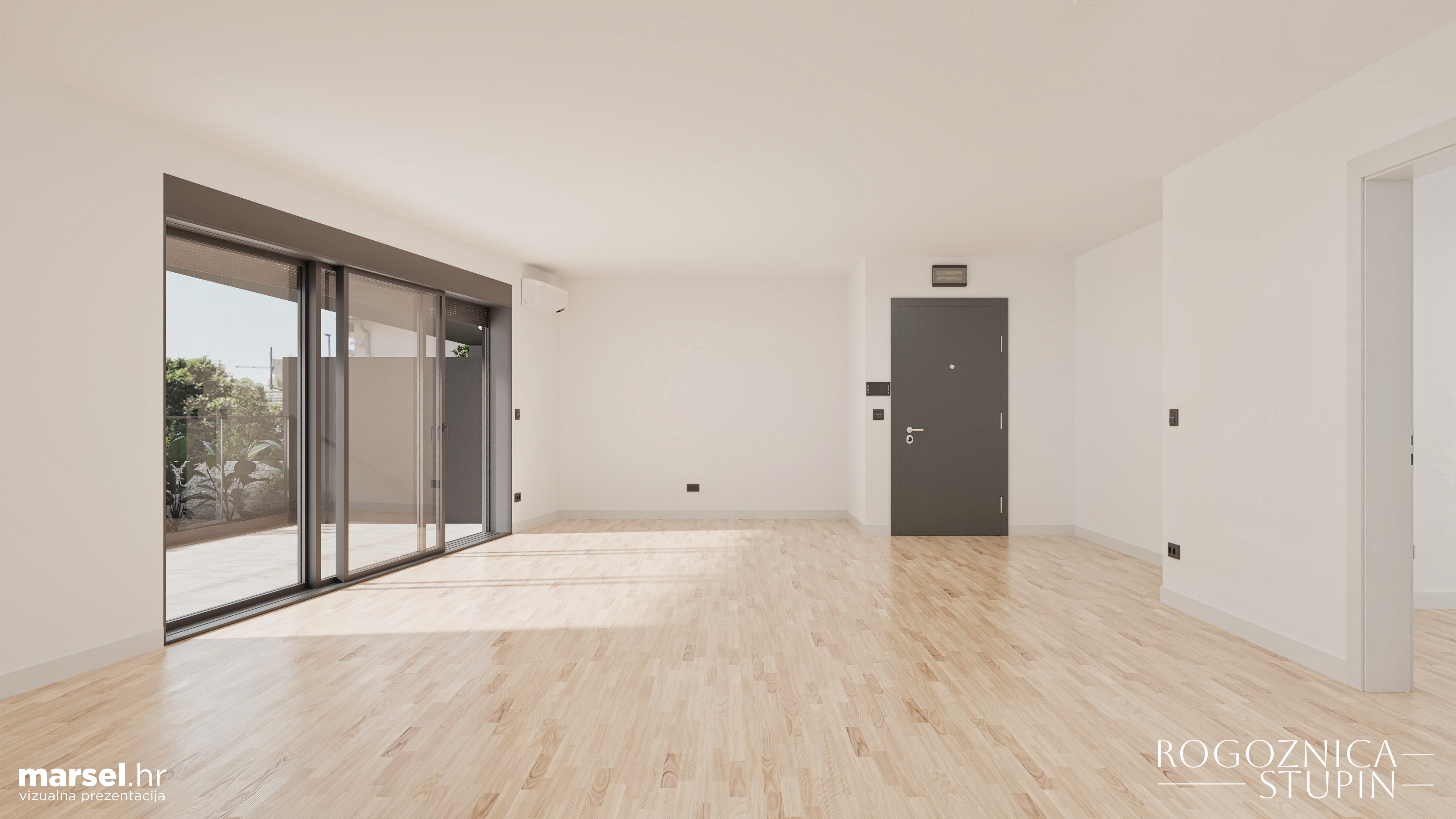 Vizualizacija interijera apartmana u novogradnji Rogoznica Stupin. Prostrani i svijetli unutarnji prostori s pogledom na more, idealni za stanovanje ili investiranje u apartman na dalmatinskoj obali.